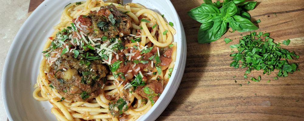 Meatballs & Bucatini with Rustic Tomato Sauce